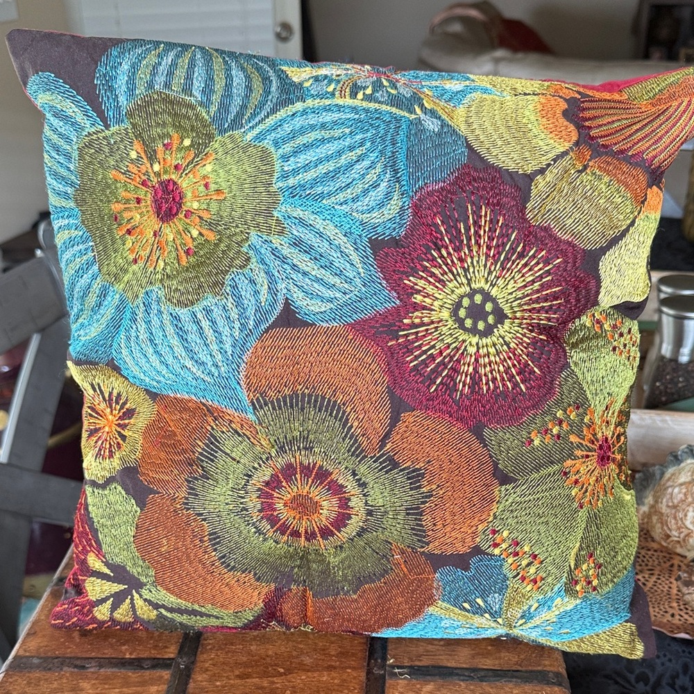 Floral Embroidered Throw Pillow